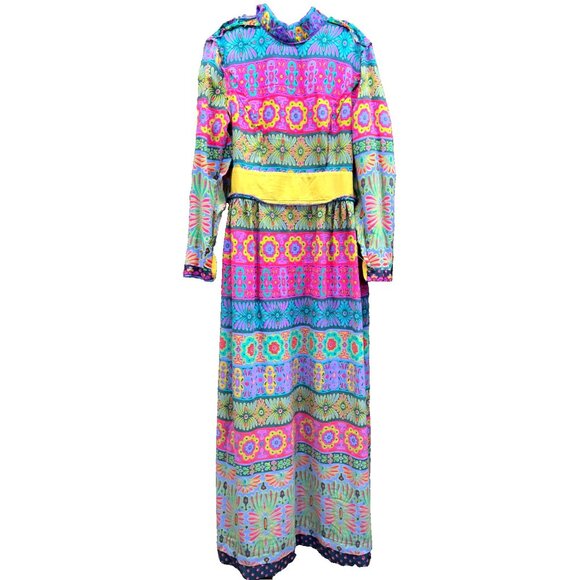 VTG Alex Colman Dress 60s 70s Mod Hippie Psychedelic Vintage Maxi High Neck EUC - Picture 8 of 11